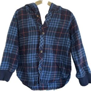 Hanna Andersson Blue and Red Plaid Kids Button Down Hooded Flannel Shirt